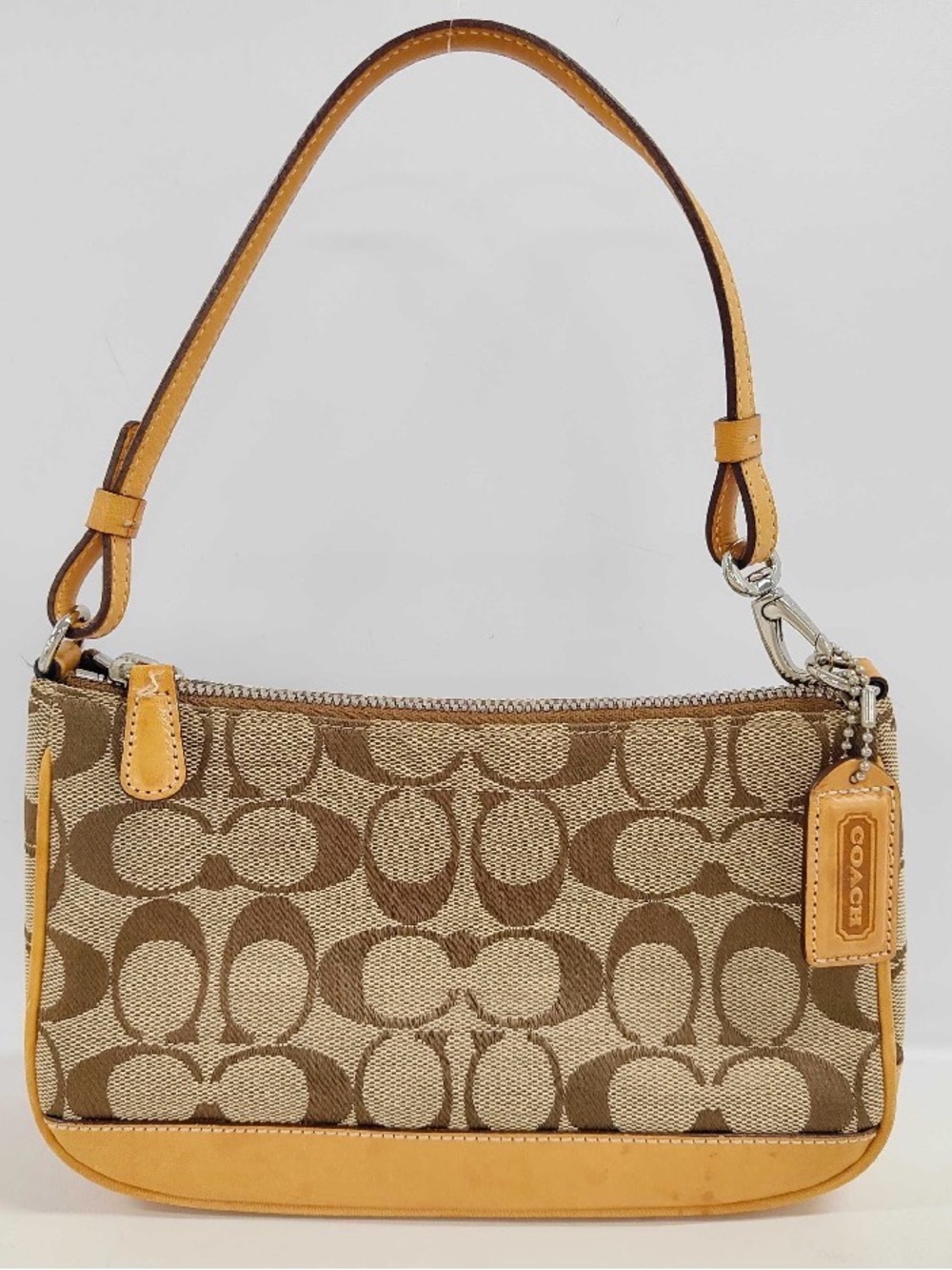 Coach Brown Signature Canvas Mini Shoulder Bag with Tan Trim